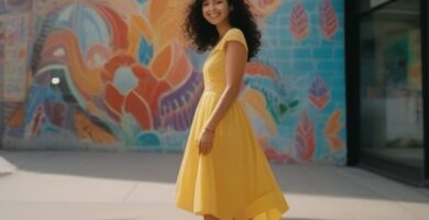 Mulher jovem de 25 anos com vestido amarelo, sorrindo diante de um mural vibrante